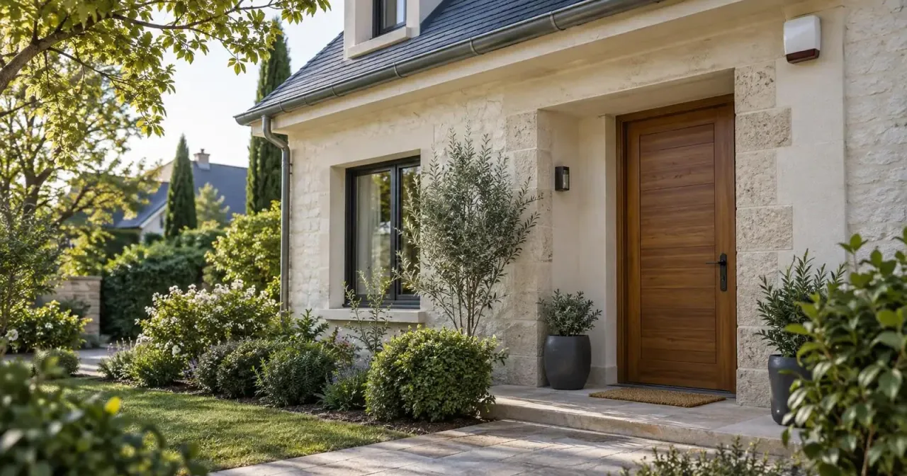 Maison entourée de verdure avec une sirène d’alarme près de l’entrée
