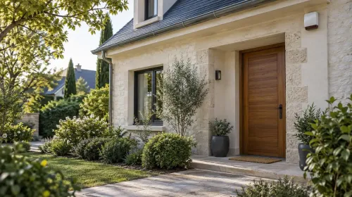 Maison entourée de verdure avec une sirène d’alarme près de l’entrée
