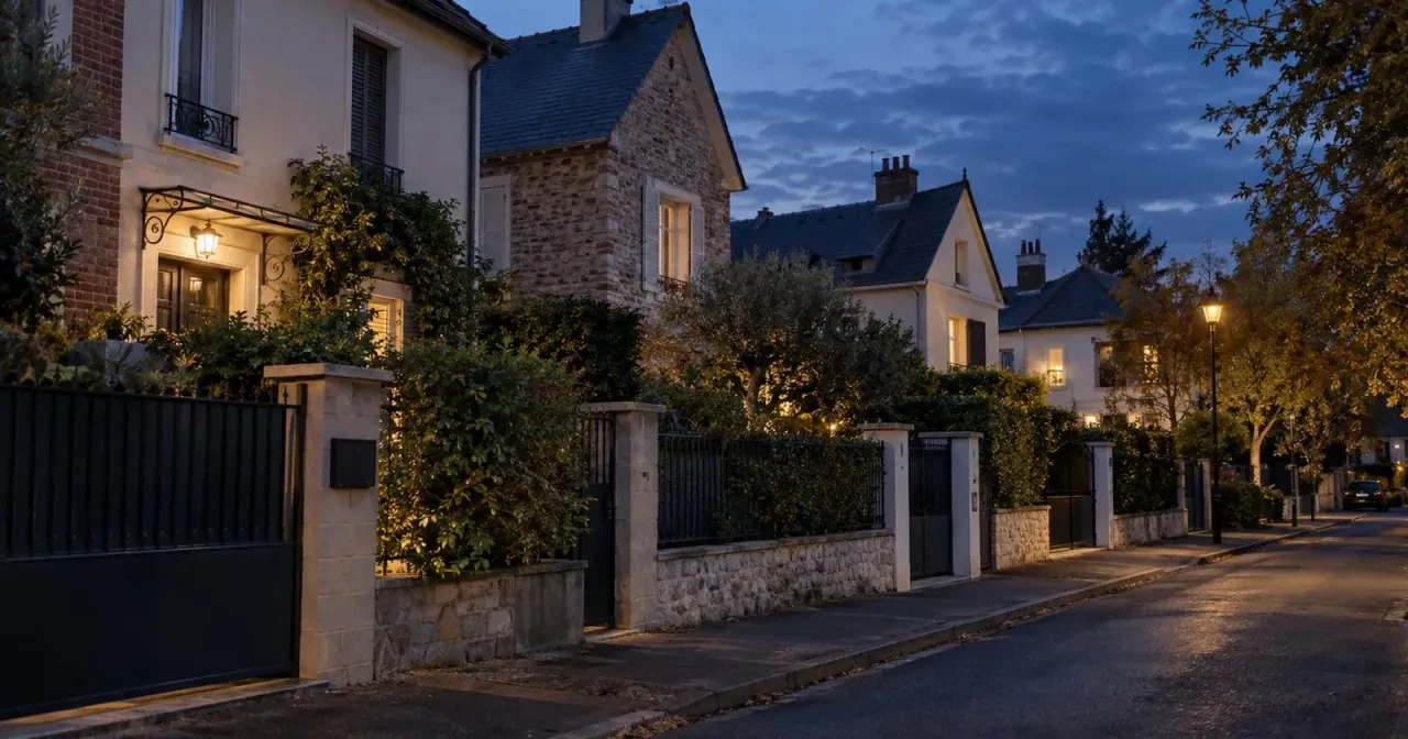 Rue résidentielle calme bordée de maisons et de jardins à la tombée du jour