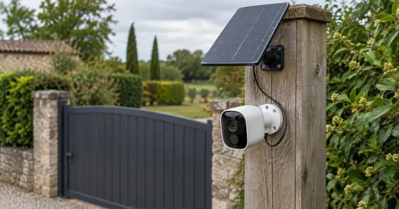 Caméra autonome avec panneau solaire surveillant l’entrée d’une propriété