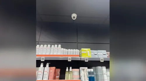 Caméra dôme au plafond d'une pharmacie, au-dessus des rayons