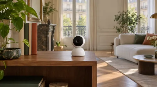 Caméra intérieure blanche posée sur une étagère, dans un salon d'appartement haussmannien à Paris
