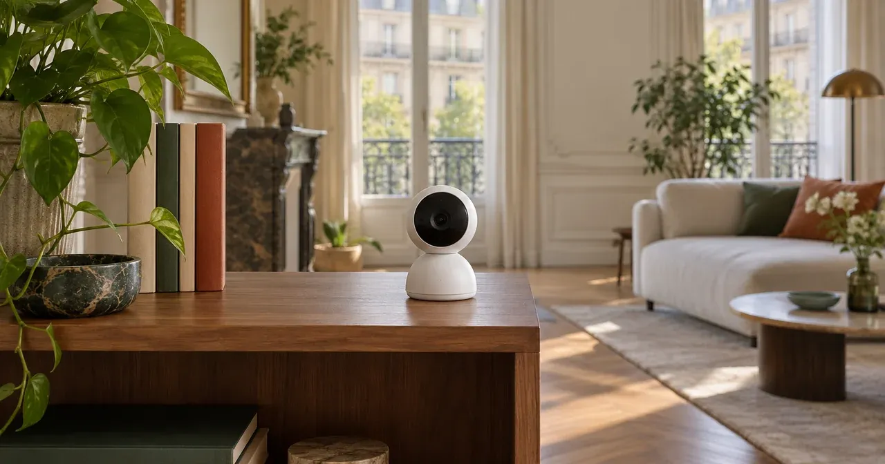 Caméra intérieure blanche posée sur une étagère, dans un salon d'appartement haussmannien à Paris