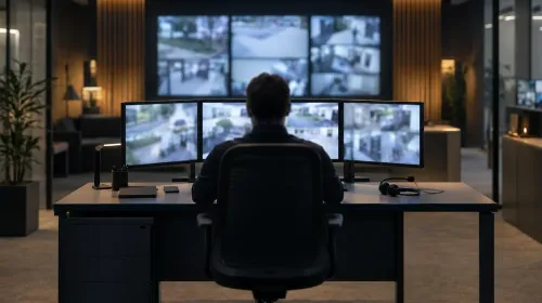 Opérateur vu de dos devant un mur d'écrans dans un centre de télésurveillance