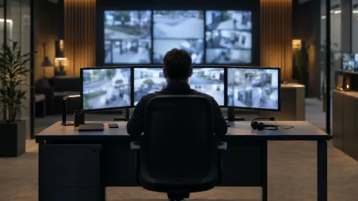 Opérateur vu de dos devant un mur d'écrans dans un centre de télésurveillance