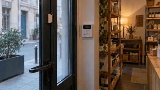 Commerçant qui photographie la vitrine brisée de sa boutique au petit matin, rideau métallique à moitié levé