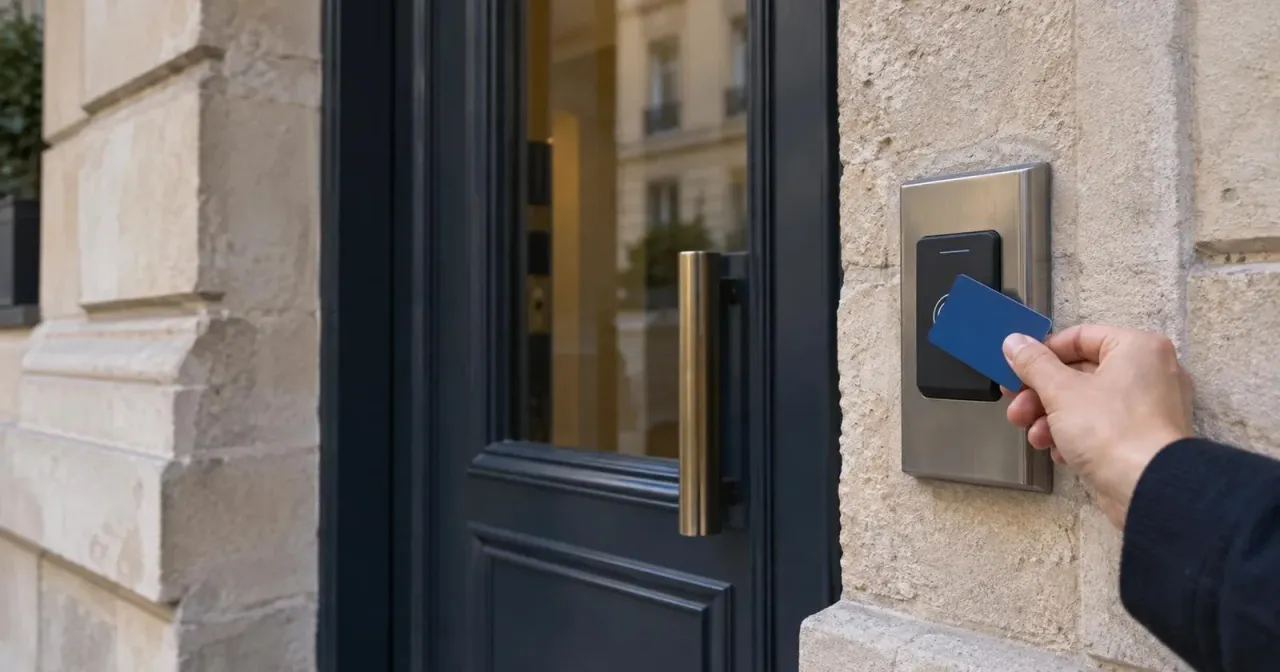 Lecteur de badge installé à côté d’une porte d’immeuble en pierre