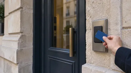 Lecteur de badge installé à côté d’une porte d’immeuble en pierre