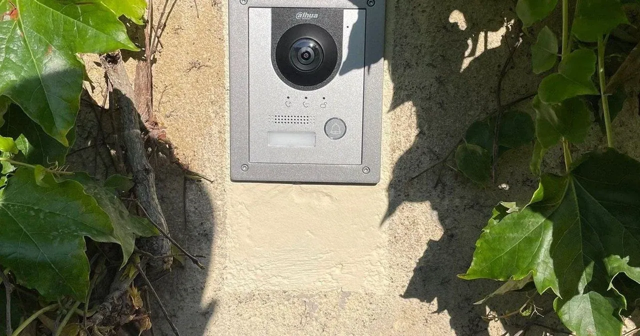 Platine de portier vidéo Dahua encastrée dans un mur couvert de lierre