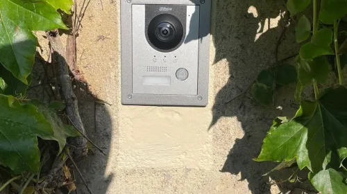 Platine de portier vidéo Dahua encastrée dans un mur couvert de lierre