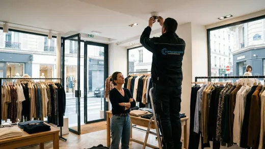 Commerçant qui baisse le rideau métallique de sa boutique parisienne en fin d'après-midi