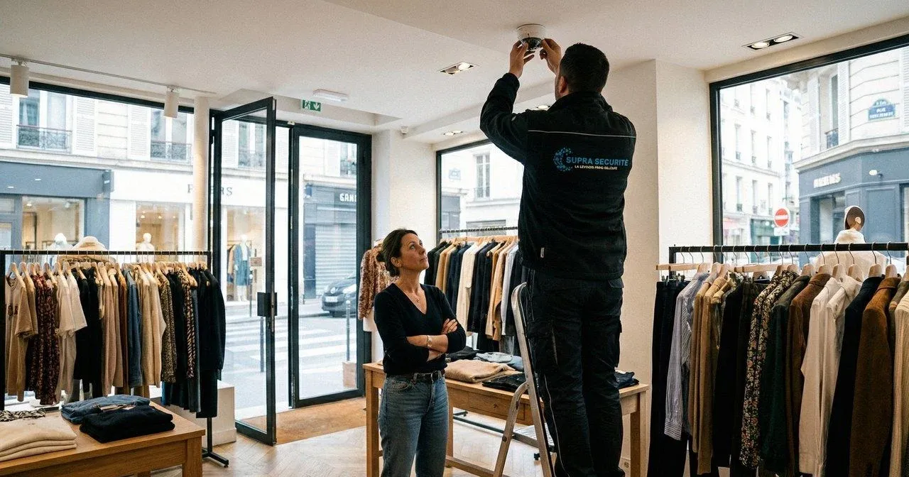 Commerçant qui baisse le rideau métallique de sa boutique parisienne en fin d'après-midi