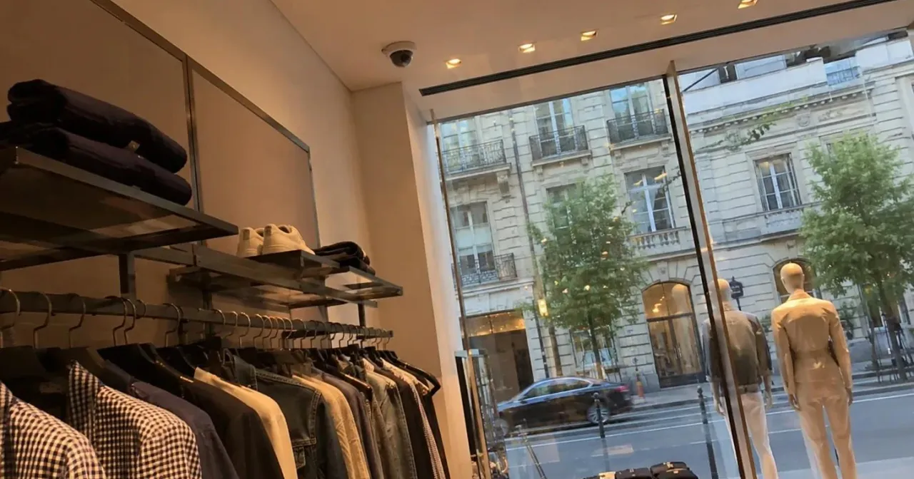 Vitrine d'une boutique parisienne vue de l'intérieur, avec un détecteur de bris de glace fixé au plafond