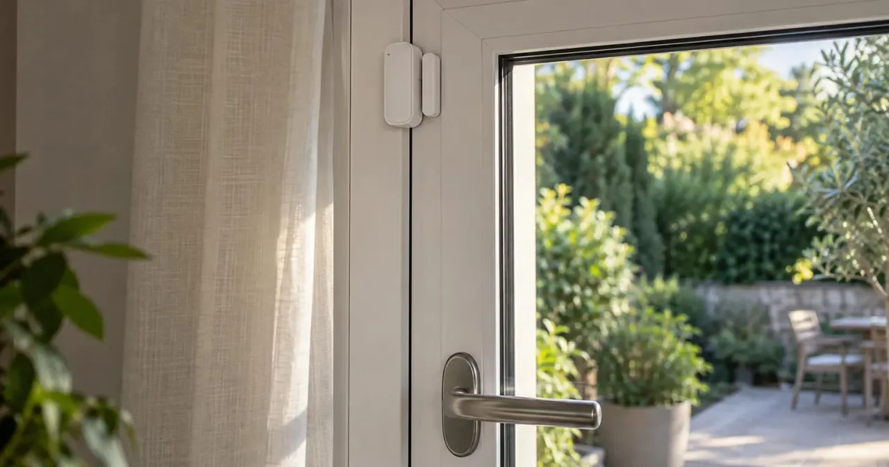 Porte-fenêtre fermée avec détecteur d’ouverture donnant sur un jardin