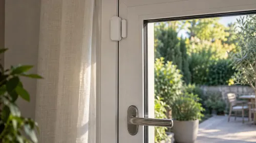 Porte-fenêtre fermée avec détecteur d’ouverture donnant sur un jardin