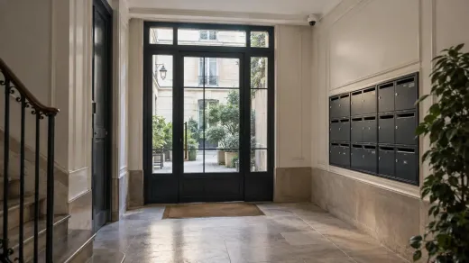 Caméra dôme discrète dans le hall commun d’un immeuble résidentiel
