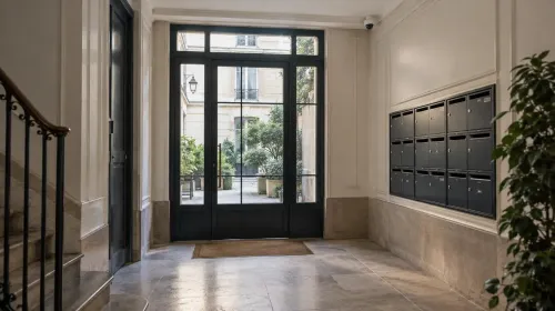 Caméra dôme discrète dans le hall commun d’un immeuble résidentiel