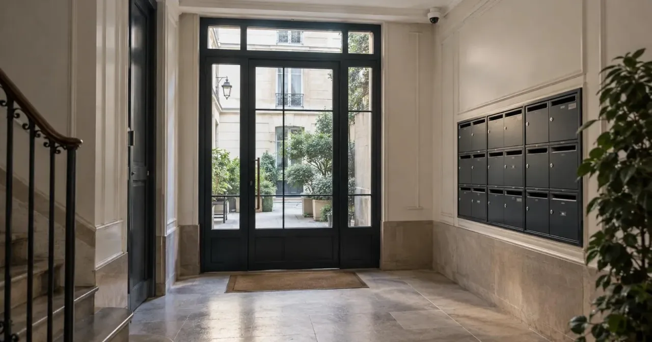 Caméra dôme discrète dans le hall commun d’un immeuble résidentiel