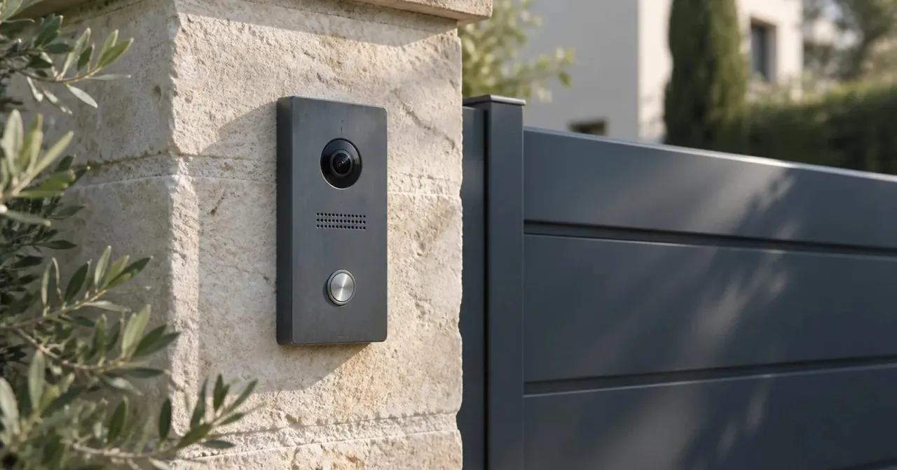 Platine de visiophone en métal fixée près d’un portail résidentiel