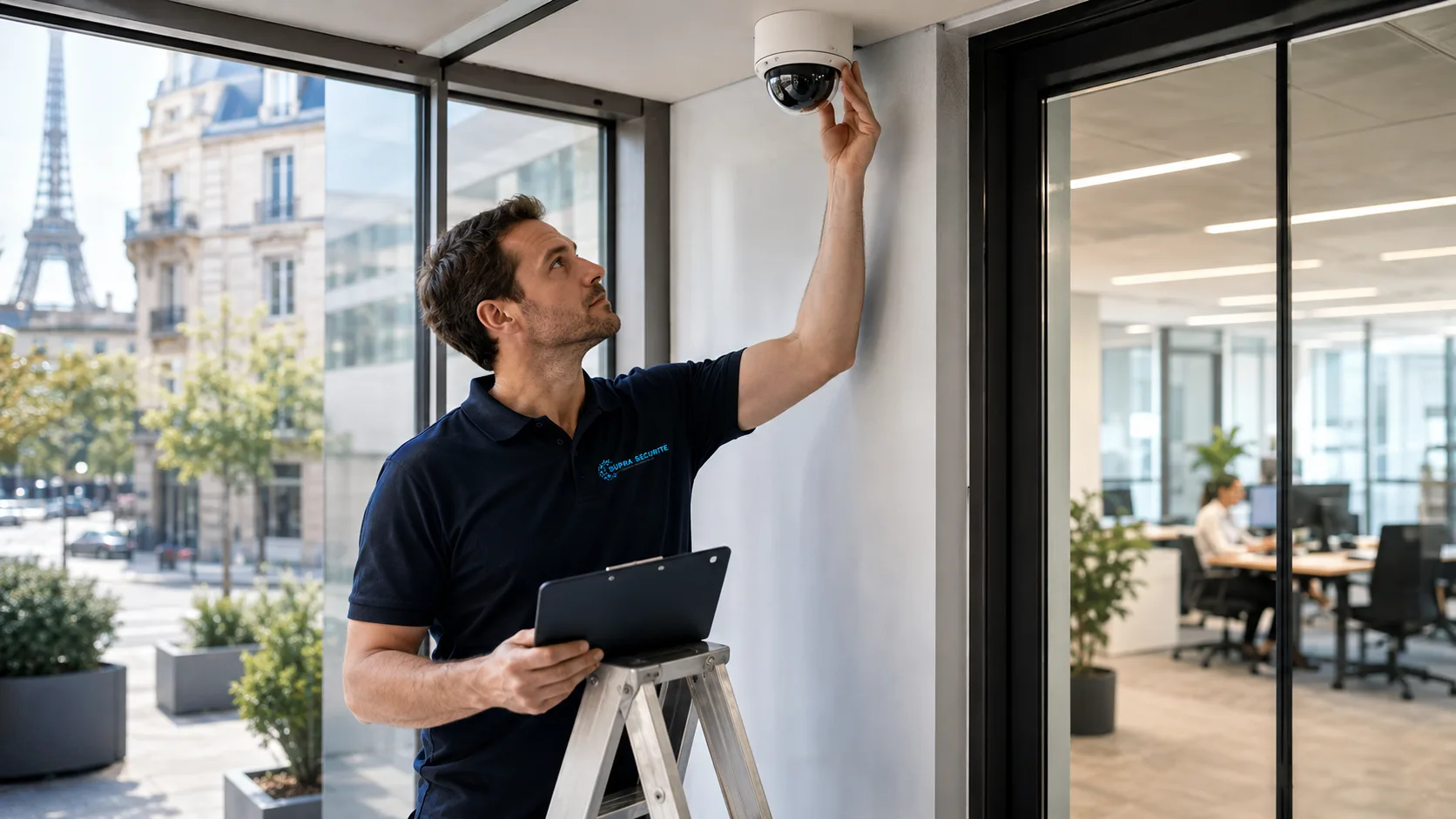 Technicien installant une vidéosurveillance pour entreprise à Paris