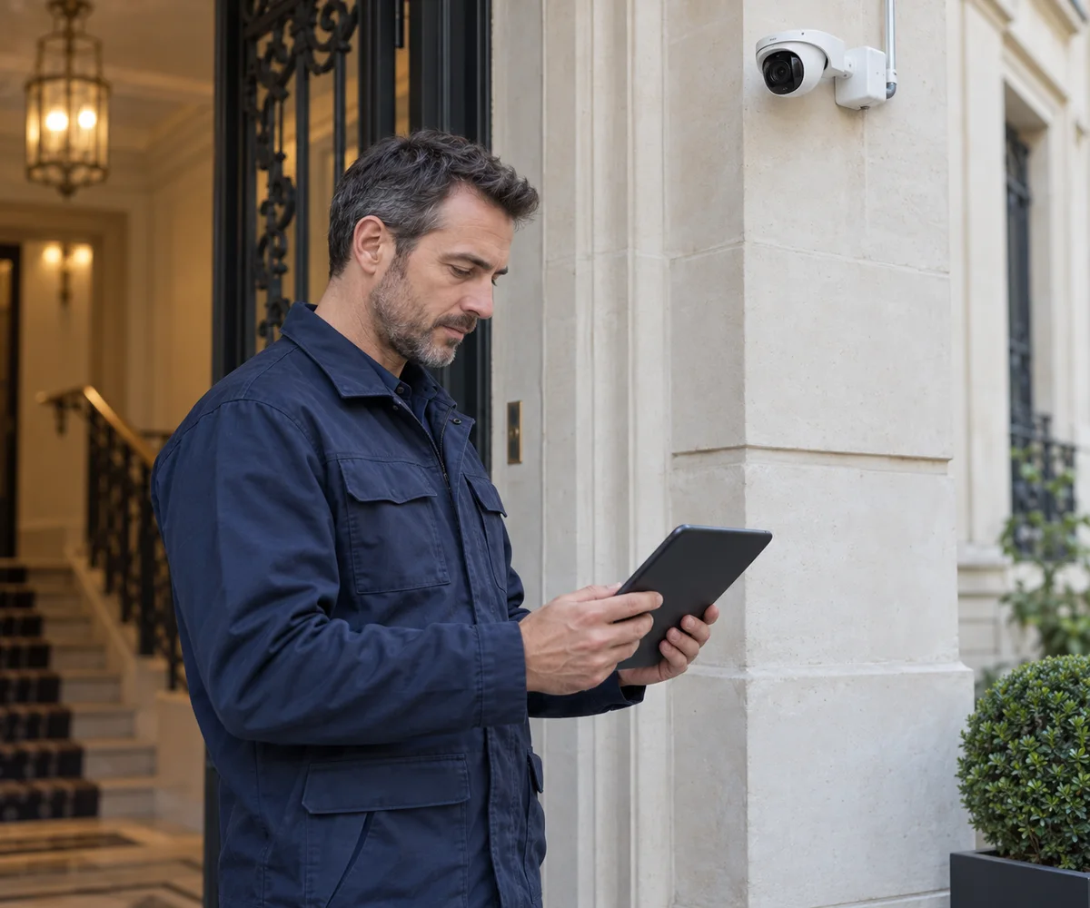 Illustration d’un technicien vérifiant une installation de sécurité à l’aide d’une tablette