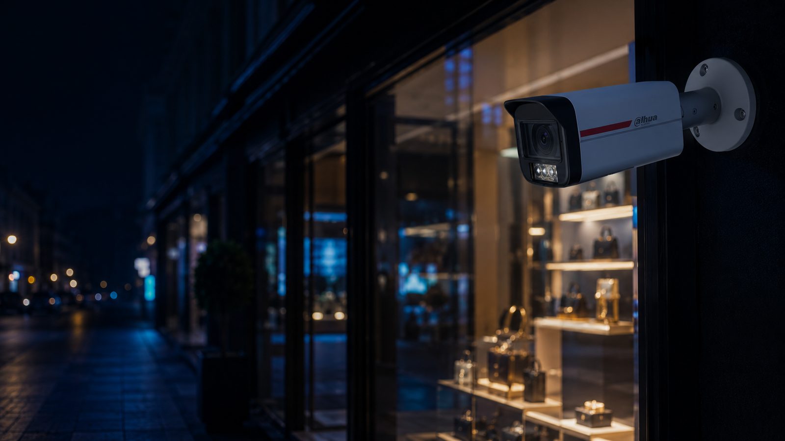 Caméra de vidéosurveillance Dahua installée sur une boutique à Paris