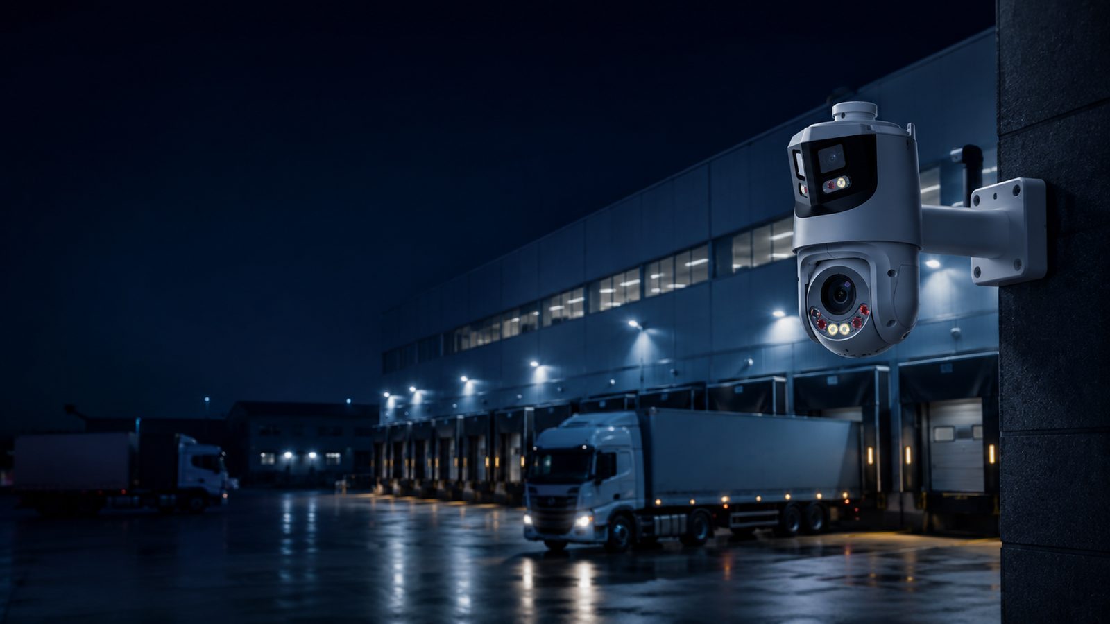 Caméra PTZ Dahua surveillant un entrepôt logistique