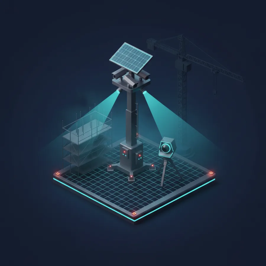 Tour de vidéosurveillance solaire autonome protégeant un chantier avec échafaudage et grue