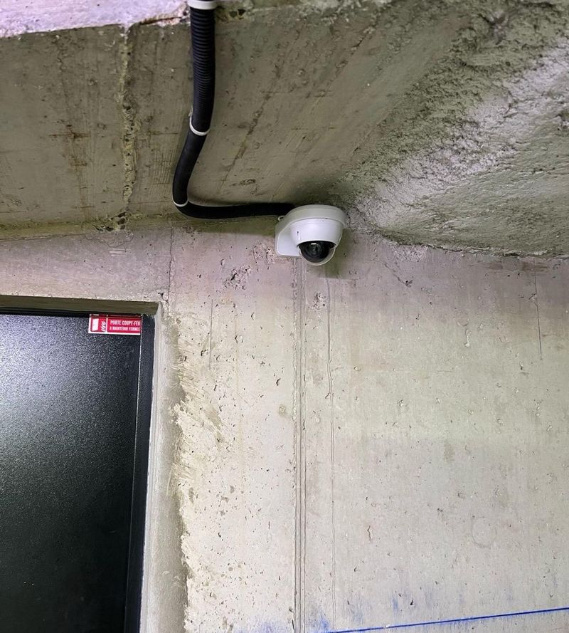 Caméra dôme fixée au plafond en béton d'un sous-sol, câble sous gaine