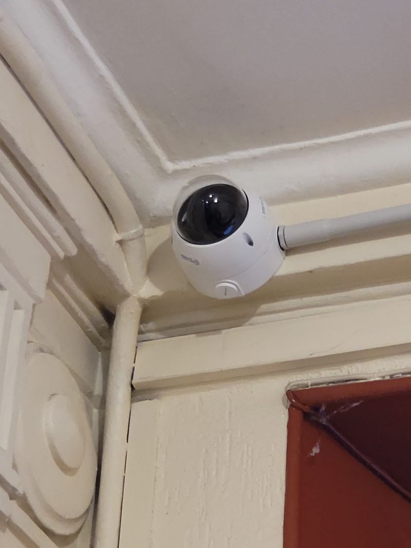 Caméra dôme posée dans l'angle d'un plafond à moulures, câble sous goulotte
