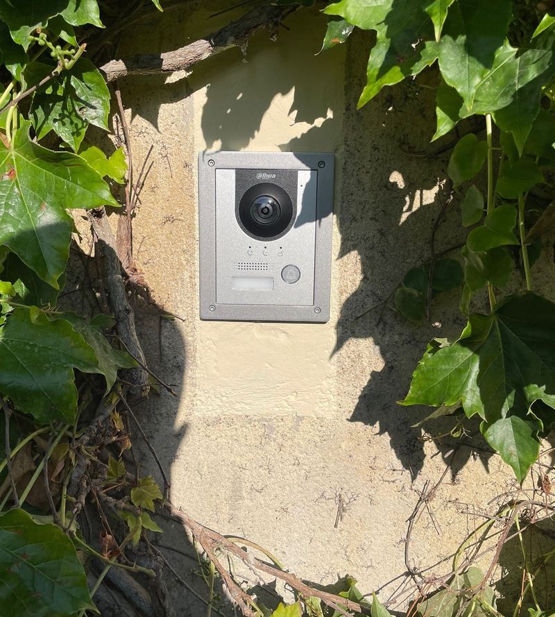 Platine de portier vidéo Dahua encastrée dans un mur couvert de lierre